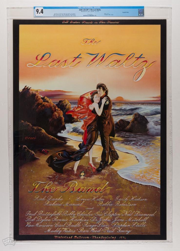 1976 AOR-4.46 The Band The Last Waltz Poster 9.4: We are thrilled to offer the FINEST example of this poster to ever appear in our auction! The Band's Last Waltz, as wonderfully documented by the Martin Scorsese film, is indisputably one of the m