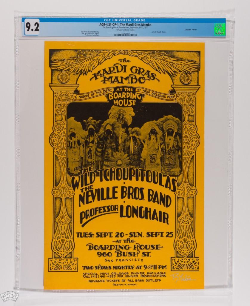 1977 AOR-4.31 Neville Brothers Tuten Signed Poster 9.2: This poster is signed by the artist Randy Tuten! The Wild Tchoupitoulas The Neville Brothers and the great Professor Longhair are featured on this Mardi Gras Mambo original poster from New Orleans in 