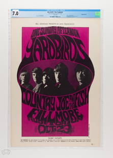 1966 BG-33 The Yardbirds Fillmore Poster 7: This John H. Myers design uses a photograph by Gered Mankowitz of the highly influential British blues band as the central image for this early Bill Graham poster. This 1966, pre-concert first printin