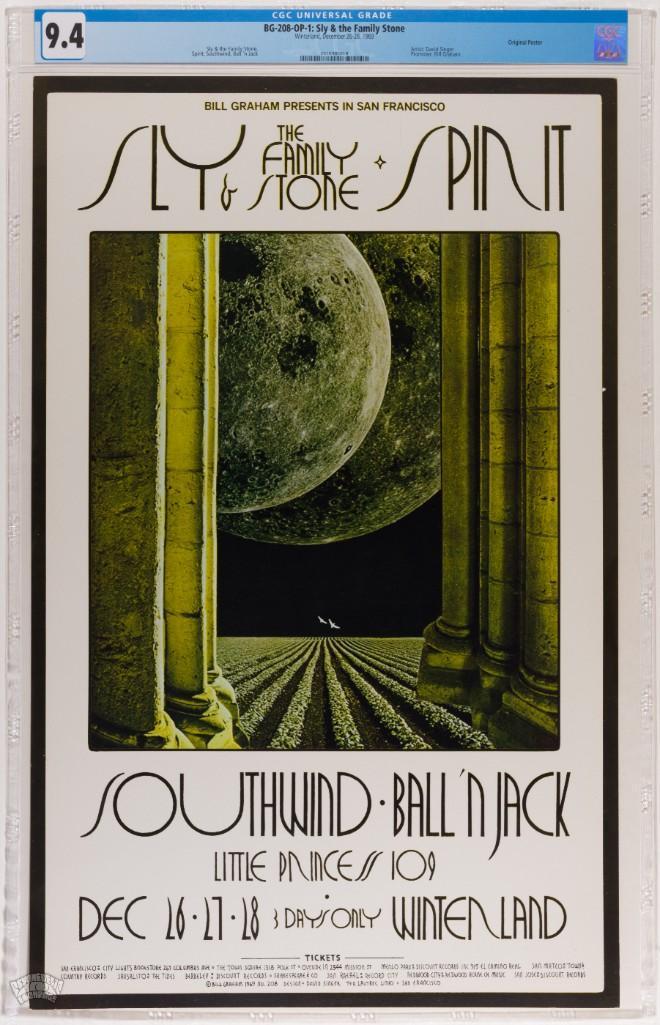 1969 BG-208 Sly & Family Stone Winterland Poster 9.4: We are thrilled to offer this poster in our auction for the FIRST time with CGC grading! The BG-208 was created by artist David Singer to advertise Sly and the Family Stone playing three nights at Win