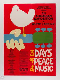 1969 AOR-2.1 Woodstock Festival OP-2 Original Poster: This is the OP-2, (smaller size) original pre concert printing version of this iconic poster, designed by Arnold Skolnick. The Woodstock Music and Arts Festival is legendary. It represented the