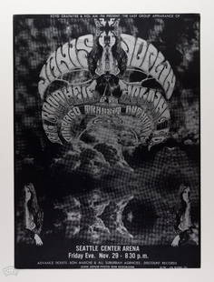 1968 Janis Joplin Big Brother Seattle Arena Poster: We are pleased to offer this ultra-rare Janis Joplin poster, universally recognized as one of the very best Janis posters ever issued, as well as one of the very finest and most sought after Pacific N