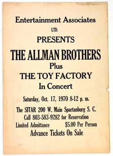 1970 The Allman Brothers Band The Sitar Poster: PAE is thrilled to offer this extremely scarce original poster for the first time in any public auction. This poster advertised the Allman Brothers Band at The Sitar in Spartanburg, SC on October 17,