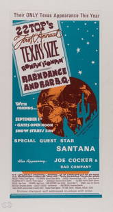 1974 ZZ Top First Annual Festival Austin Texas Poster: This poster advertised ZZ Top's 1st Annual Texas Size Rompin' Stompin' Barn Dance and BBQ, an event that occurred at the University of Texas Memorial Stadium in Austin on September 1st, 1974. Santana