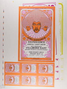 1988 Three Hendrix FE Uncut Proof Sheets 2 are Signed: Lot of 3 Jimi Hendrix Fillmore East LARGE Uncut Proof Sheets, art by David Byrd. Two of them are SIGNED by Byrd! These are the 2nd printings produced in 1988. Unsigned, 3-color: Lavender, Black, Ora