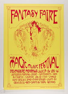 1967 The Doors Jefferson Airplane Fantasy Faire Poster: The Fantasy Faire Festival was an early Southern California Rock Festival that occurred about a month after The Magic Mountain Festival and The Monterey Pop Festival. The image on this poster comes