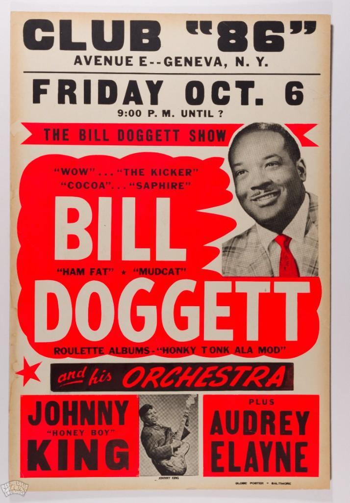 1961 Bill Doggett Club 86 Globe Cardboard Poster: This cardboard Globe poster was created to advertise jazz piano master Bill Doggett and his Orchestra playing at Club 86 in Geneva, NY on October 6, 1961. From its opening in 1929 until its closure in