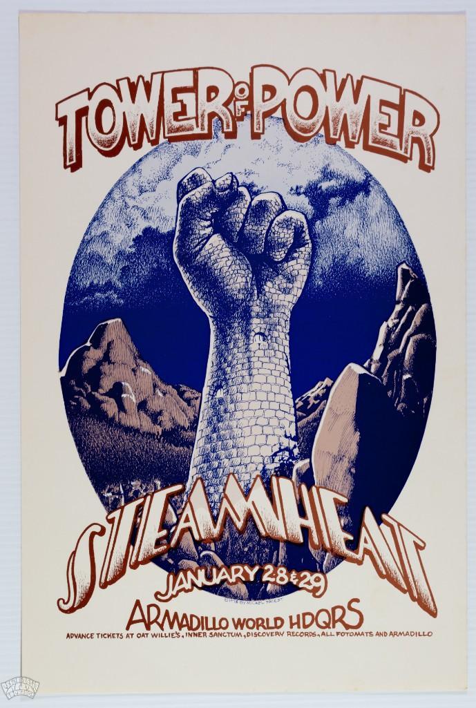 1976 Tower of Power Armadillo Austin Poster: This poster features the great Tower of Power performing at Armadillo World Headquarters during January of 1976. This tour was supporting their recent record release In The Slot, which was their last 