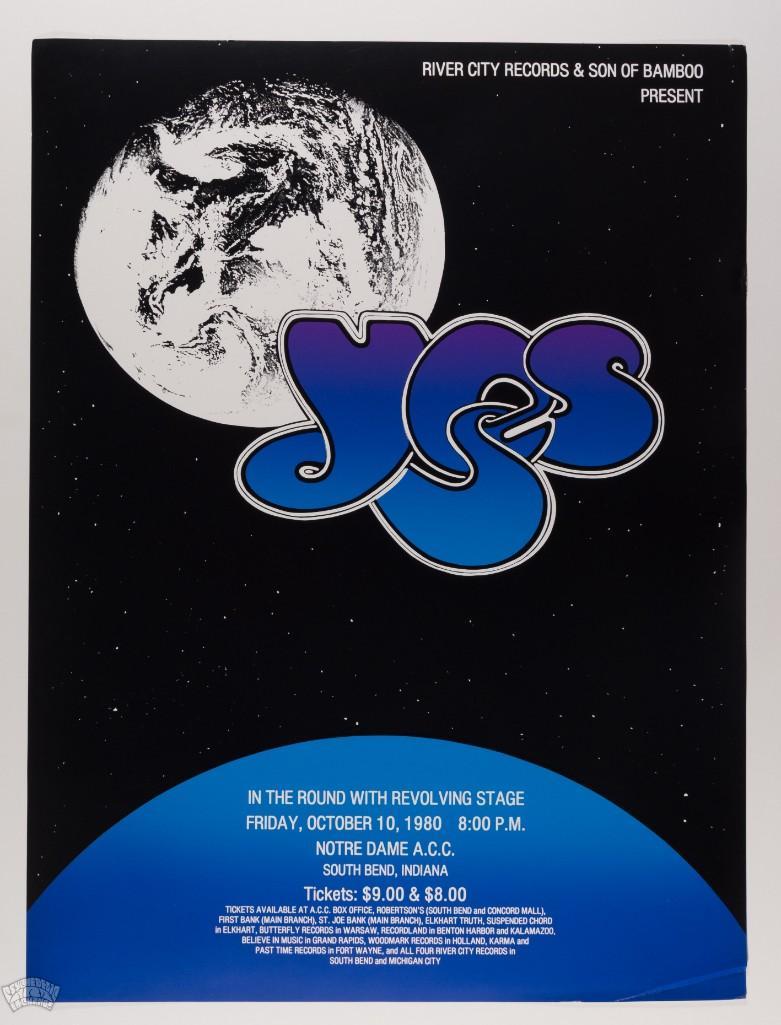 1980 Yes Notre Dame ACC South Bend Poster: In another PAE first, we are offering this Yes poster from October 1980! The band played at the Notre Dame Athletic & Convocation Center in South Bend, Indiana. The colors on this piece have held