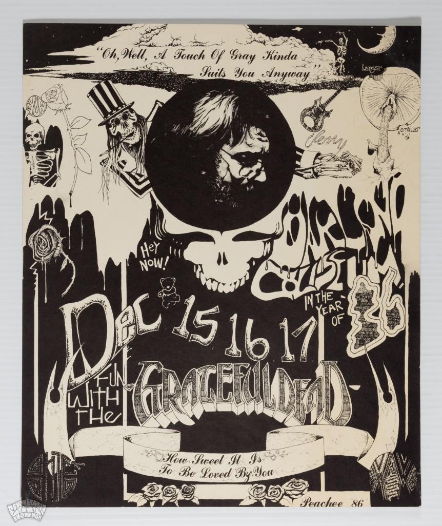 1986 Grateful Dead Oakland Fan Art Poster: Presenting this lovely piece of Grateful Dead fan art! Though not an official poster, this piece was designed for the Dead's run at the Oakland Coliseum in December of 1986. Many Deadheads loved c