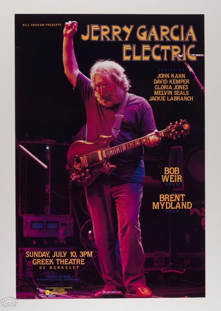 1988 BGP-24 Jerry Garcia Band Greek Theatre Poster: This original Jerry Garcia Band poster is from the Greek Theatre on July 10th, 1988. Artists included special guest solo performances by Bob Weir and the late great Brent Mydland. This Berkeley poster