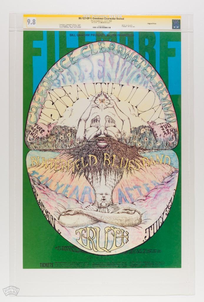 1968 BG-127 CCR Fillmore Conklin Signed Poster 9.8: This poster is signed in ink by the artist Lee Conklin and is in a special CGC Signature Series holder! Signature Series posters are signed in the presence of an authorized CGC witness. The special go