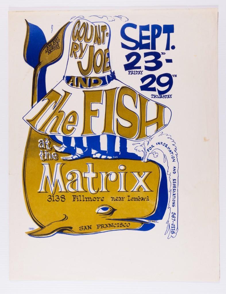1966 Country Joe & The Fish The Matrix Poster: This lovely poster is another early offering from the Matrix. This example designed by Jon Adams is a 1966 two color piece that advertised Country Joe & The Fish. The Matrix, a small San Francisco