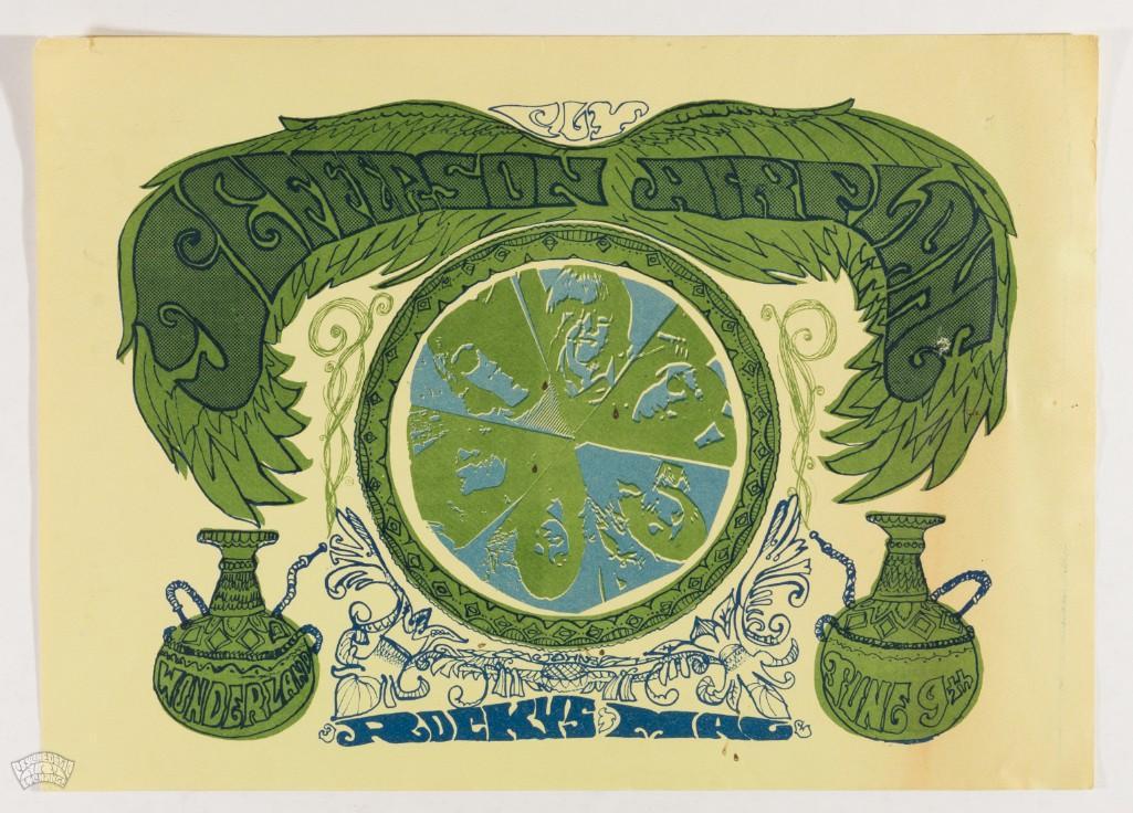 1967 Jefferson Airplane Wonderland Poster: This rare poster is being offered in our auction for the FIRST time! It advertised the band performing at Wonderland in San Francisco on June 9th, 1967. This was just a few months after the band relea