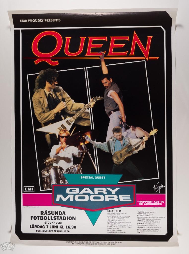 1986 Queen Stockholm Sweden Poster: This original first printing concert poster was created for Queen's appearance at Rasunda Fotbollstadion in Stockholm, Sweden on June 7th, 1986. This was just days after the release of the band