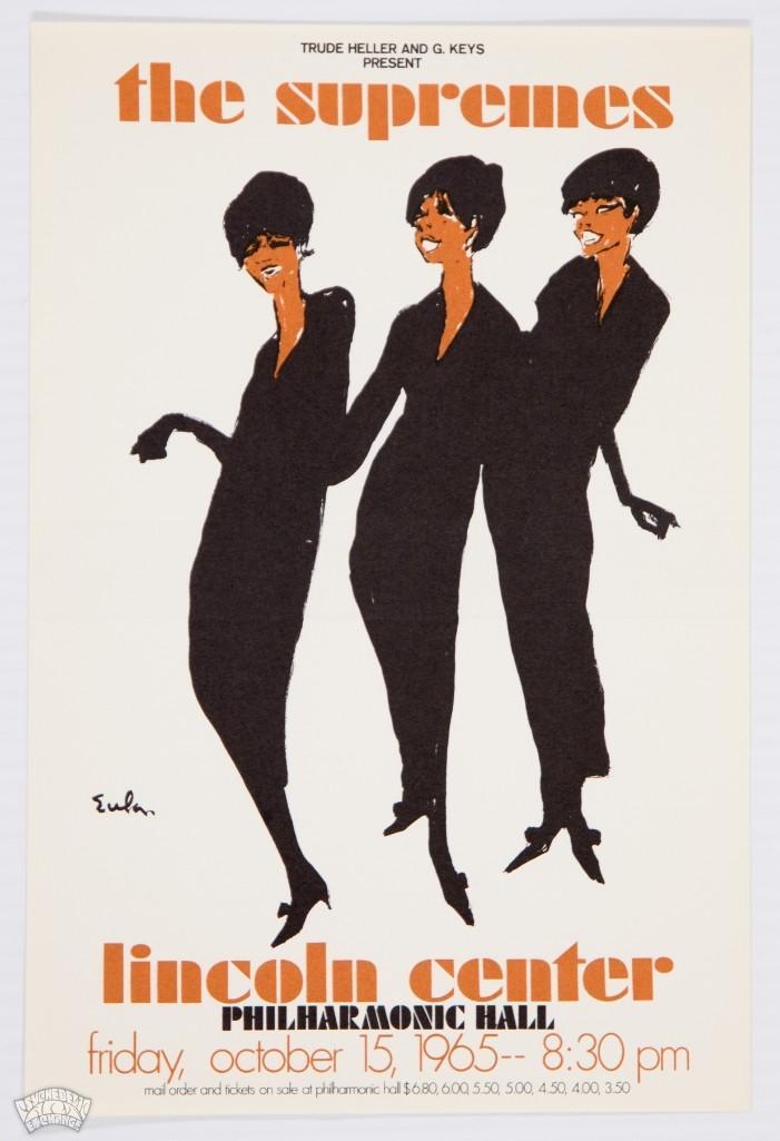 1965 The Supremes Lincoln Center Handbill: Here we have a Supremes handbill produced by Darien House in New York. It was designed by prominent NY fashion illustrator Joseph Eula, and this concert marked the first pop concert allowed at the Lin