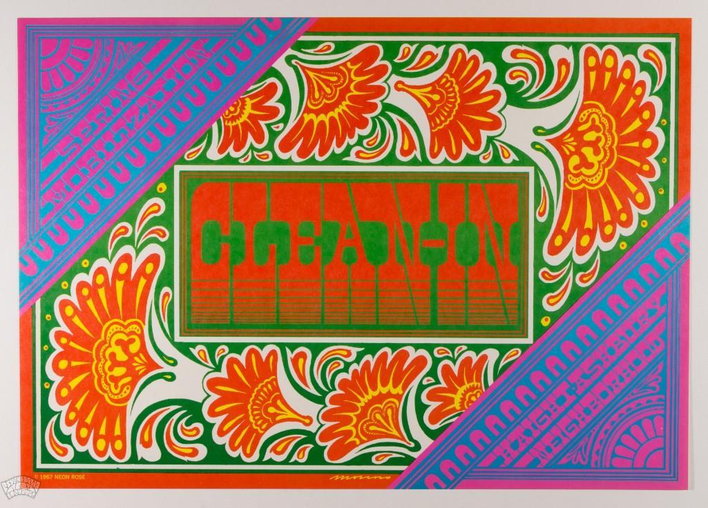 1967 NR-15 Haight Ashbury Clean In Poster: In addition to promoting concerts at the Matrix, Victor Moscoso's Neon Rose series also included commissions for posters advertising art exhibitions and special events like this one. The NR-15 adv