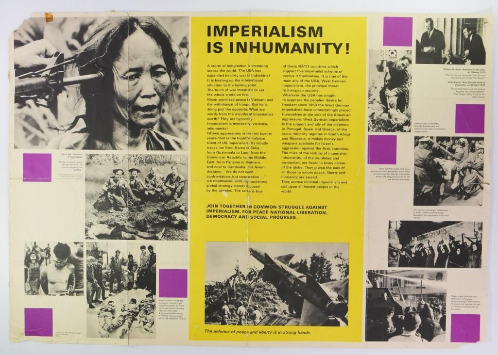 1970 Imperialism Is Inhuman Anti-War Poster: A vintage poster with a powerful indictment of war, produced circa 1970 and printed on large medium paper stock. Displayed are several photos including a Vietnamese woman with a rifle barrel held agai