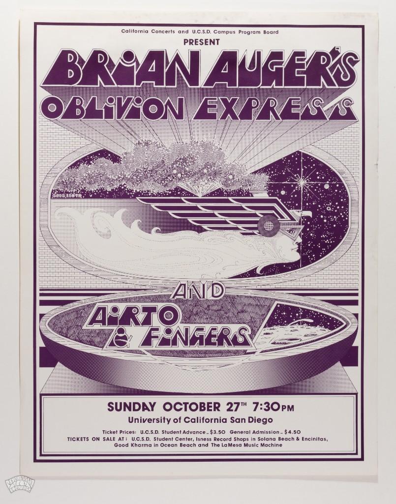 1970 Brian Auger's Oblivion Express San Diego Poster: This poster advertised Brian Auger's Oblivion Express appearing at the University of California San Diego on October 27, 1970. A cool-looking piece that has never appeared in our auction until now