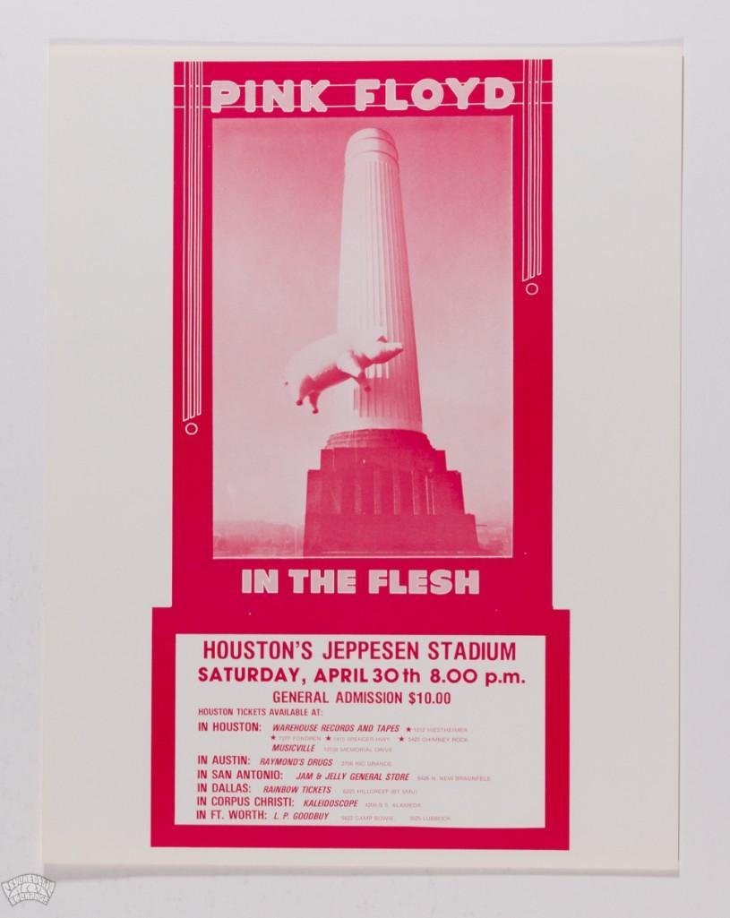 1977 Pink Floyd Jeppesen Stadium Flyer: This flyer promoting Pink Floyd at Houston's Jeppesen Stadium in April 1977 was part of the In The Flesh tour, in support of the album Animals. The tour consisted of all very large venues and had 