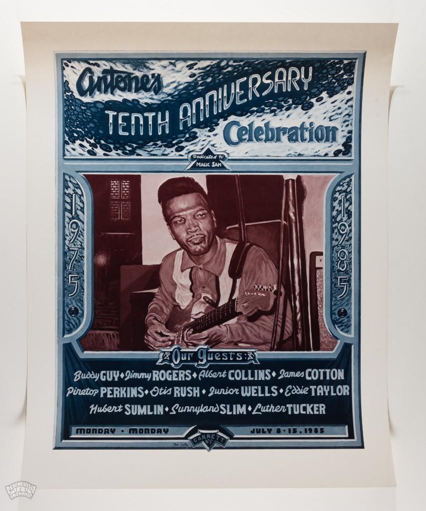 1985 Antone's 10th Anniversary Celebration Poster: This poster advertised a tenth anniversary celebration for Antones, a famed Austin Blues club. Performers included Buddy Guy, James Cotton, Otis Rush, and more! Antones hosted many Blues luminaries si
