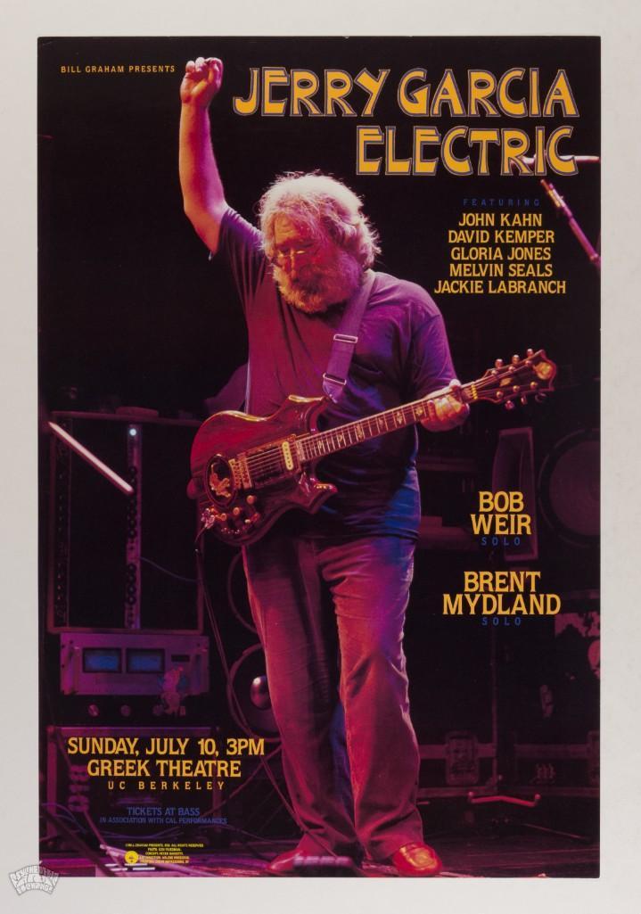1988 BGP-24 Jerry Garcia Band Greek Theatre Poster: This original Jerry Garcia Band poster is from the Greek Theatre on July 10th, 1988. Artists included special guest solo performances by Bob Weir and the late great Brent Mydland. This Berkeley poster