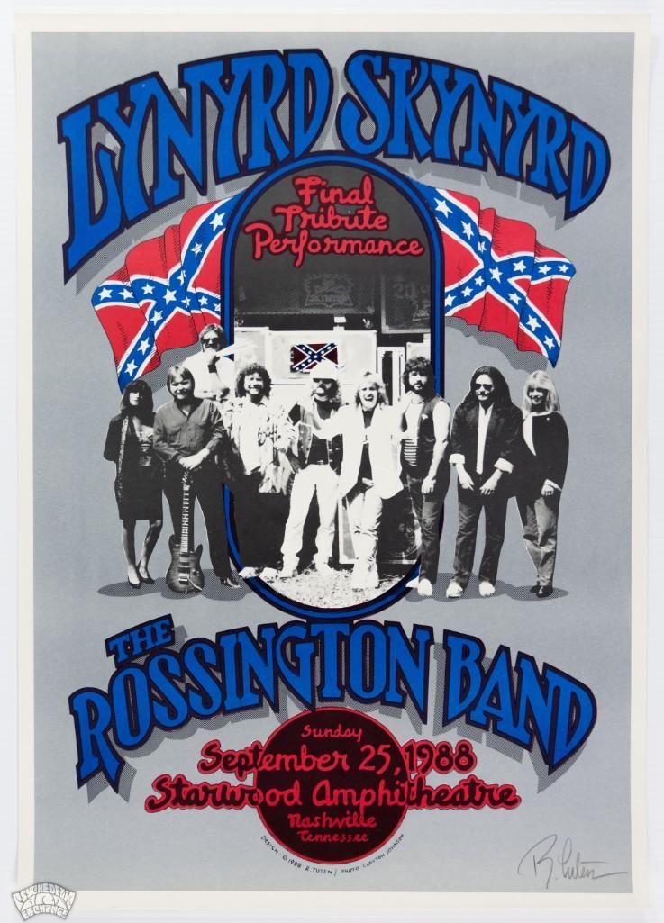 1988 Lynyrd Skynyrd Starwood Amphitheatre Signed Poster: This poster is signed by Randy Tuten. Randy Tuten designed this poster for Lynyrd Skynyrd's appearance at the Starwood Amphitheatre in Nashville, TN on September 25 1988. This is just the third ti