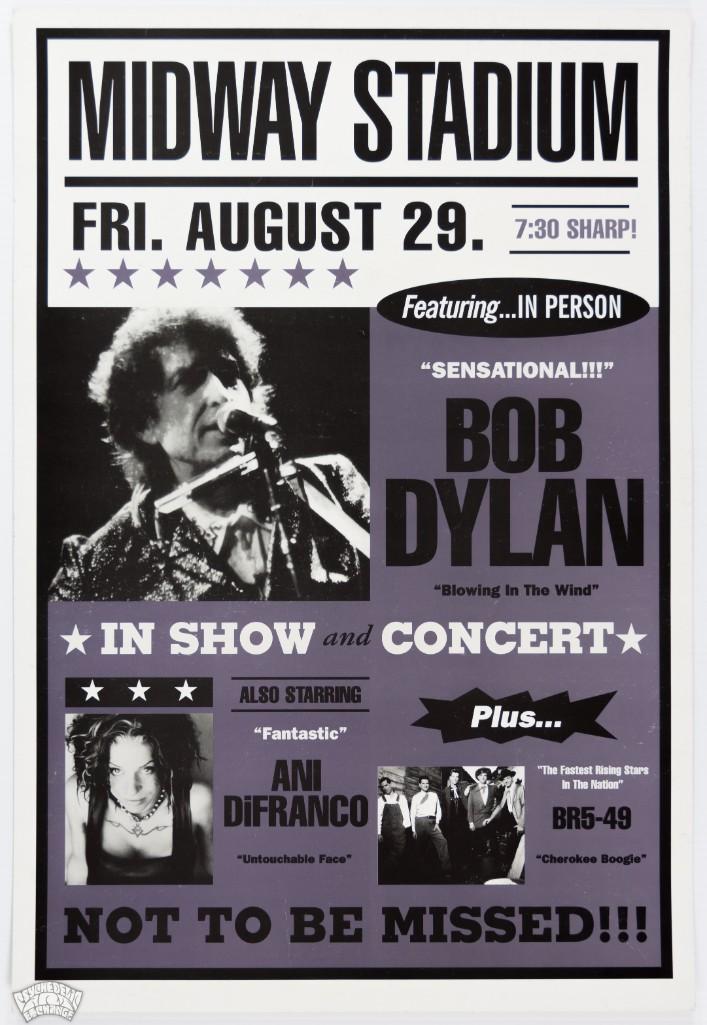 1997 Bob Dylan Ani DiFranco Midway Stadium Poster: This poster was created for Bob Dylan and Ani Difranco playing at Midway Stadium in St. Paul on August 29, 1997. Bob Dylan is perhaps the greatest lyrical wordsmith of the past 100 years and his list