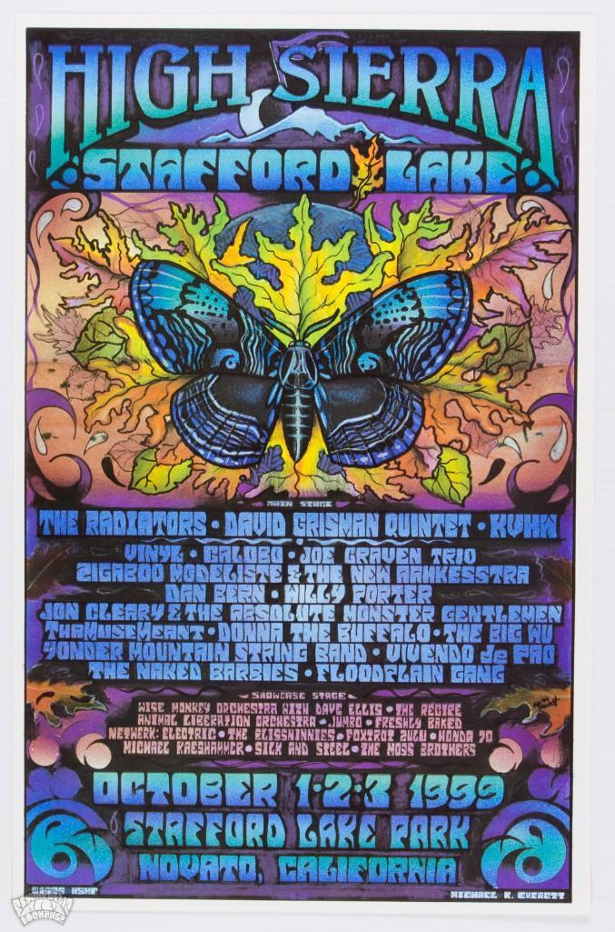 1999 Michael Everett High Sierra Festival Poster: This beautifully colored poster was created by artist Michael Everett for the 1999 High Sierra music festival, which was held in early October in Novato, California. Headlining acts included The Radia