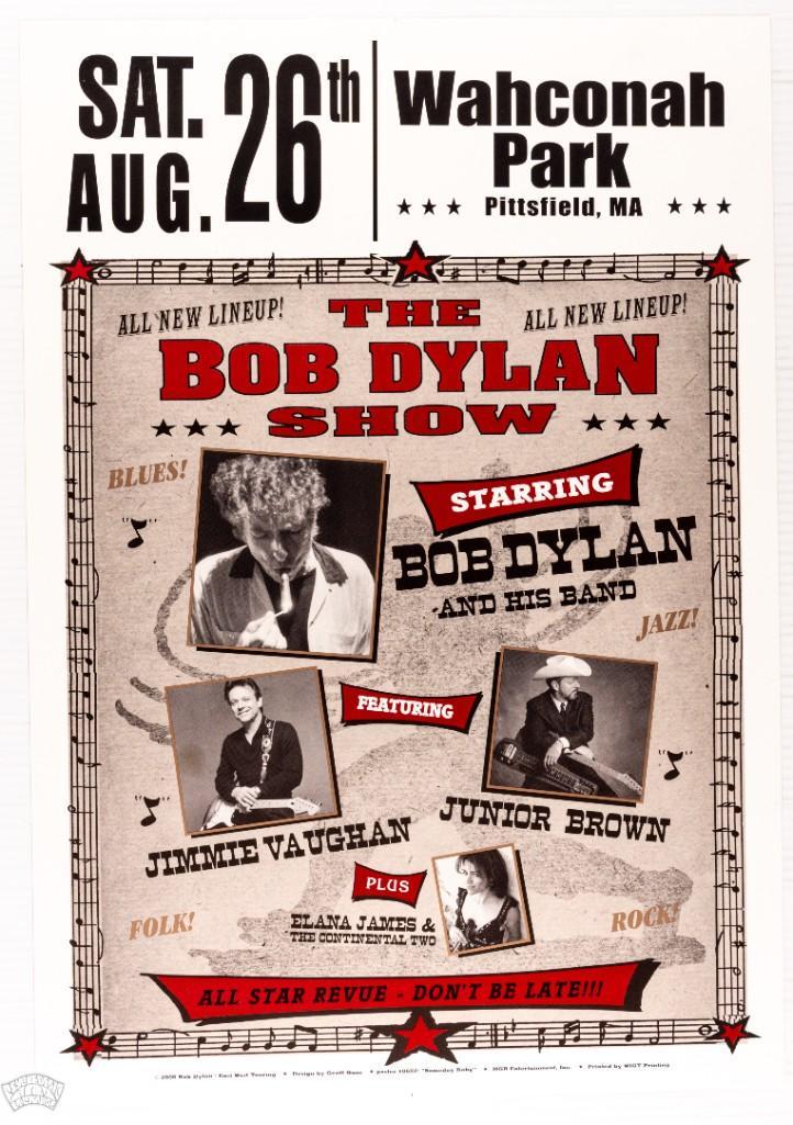 2006 Bob Dylan Wahconah Park Poster: This nice looking poster was designed for an event headlined by the one and only Bob Dylan at Wahconah Park in Pittsfield, MA on August 26, 2006. Bob Dylan is one of the few artists who appears on pos