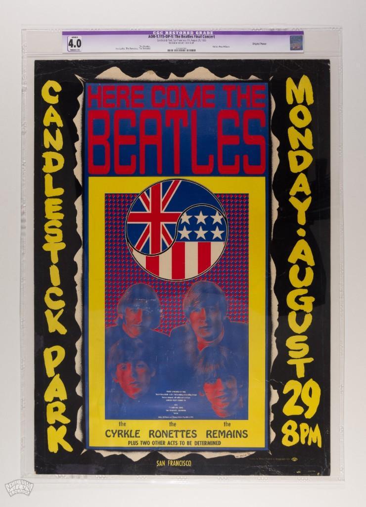 1966 AOR-1.115 Beatles Candlestick Poster 4 Restored: This poster has been professionally restored to offer the appearance and eye appeal of a clean copy! Restoration includes Color Touch. Psychedelic Art Exchange is pleased to offer one of the most imp