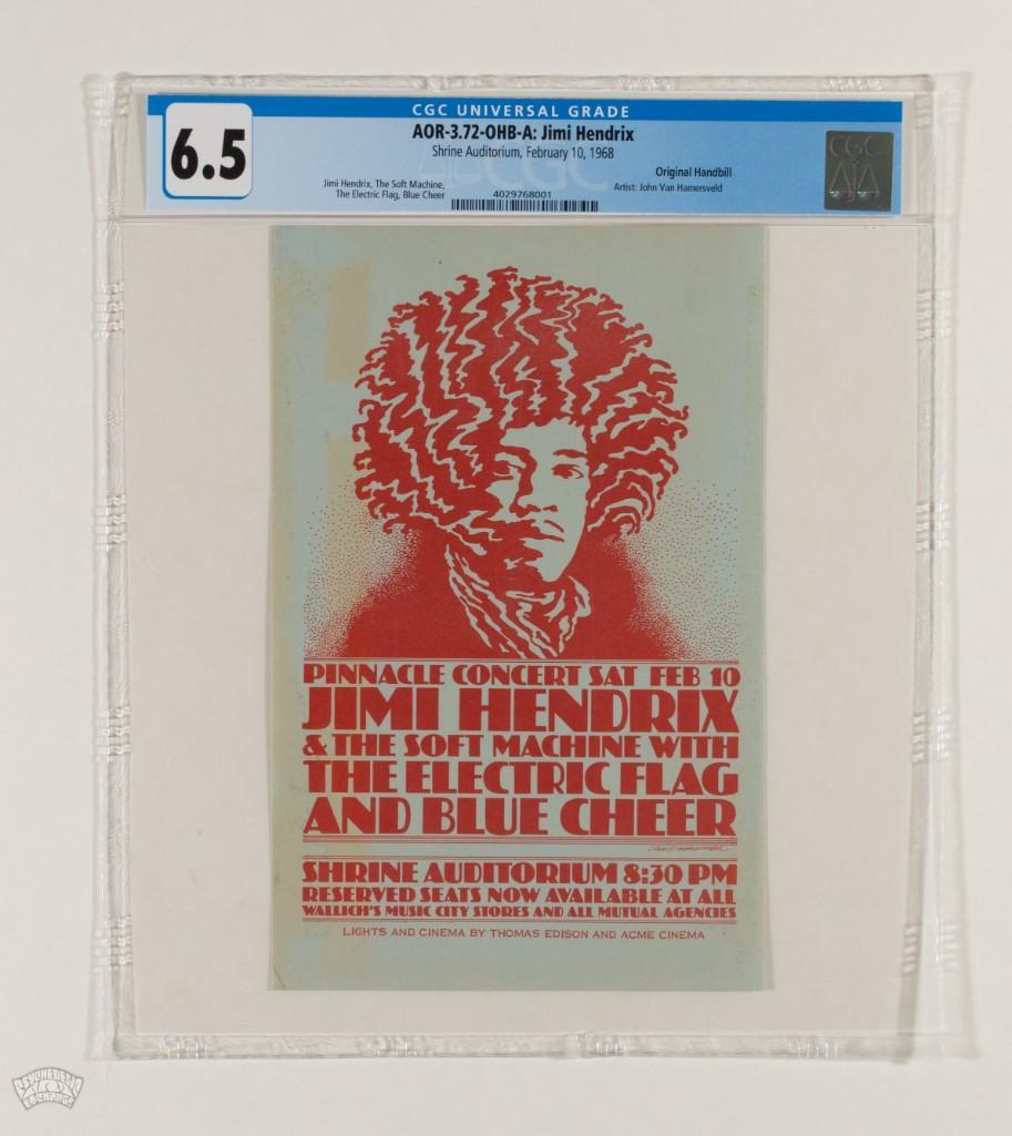 1968 AOR-3.72 Jimi Hendrix Shrine Pinnacle Handbill 6.5: We are pleased to present the first CGC graded example of this handbill to ever appear in our auction. This original Hendrix handbill by master LA artist John Van Hamersveld is a lasting remnant from