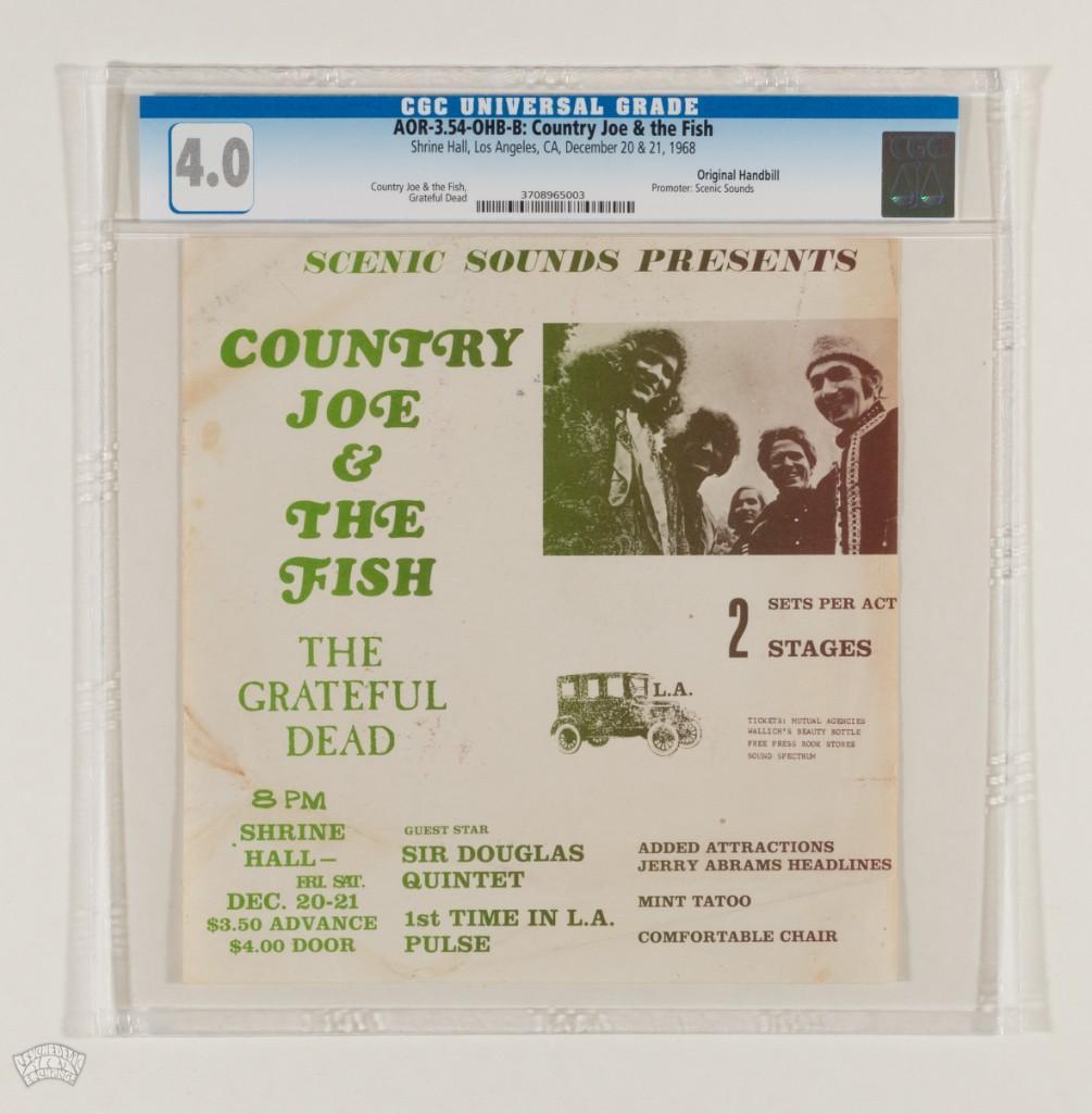 1968 AOR-3.54 Grateful Dead Shrine Hall Handbill 4: Here we have the FIRST CGC Graded Variant Version B example of this vintage handbill to appear at public auction! This handbill is a rare bird. Country Joe and the Fish along with The Grateful Dead to