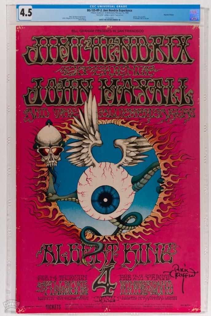 1968 BG-105 Jimi Hendrix Griffin Signed RP2 Poster 4.5: This item sold in our May CGC Auction, however, the winning bidder did not pay, so the lot is being relisted here. This poster is signed by the artist, Rick Griffin! This lot offers the official sec
