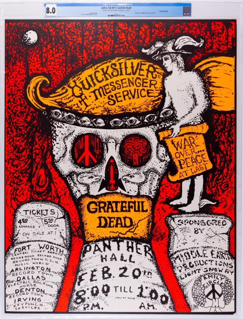 1970 AOR-4.161 Grateful Dead Panther Hall Poster 8: Here is an amazing example of a small run silkscreen done for a short-lived regional venue. This huge, stunning poster was created for a Grateful Dead, Quicksilver show in Fort Worth Texas in 1970. A 