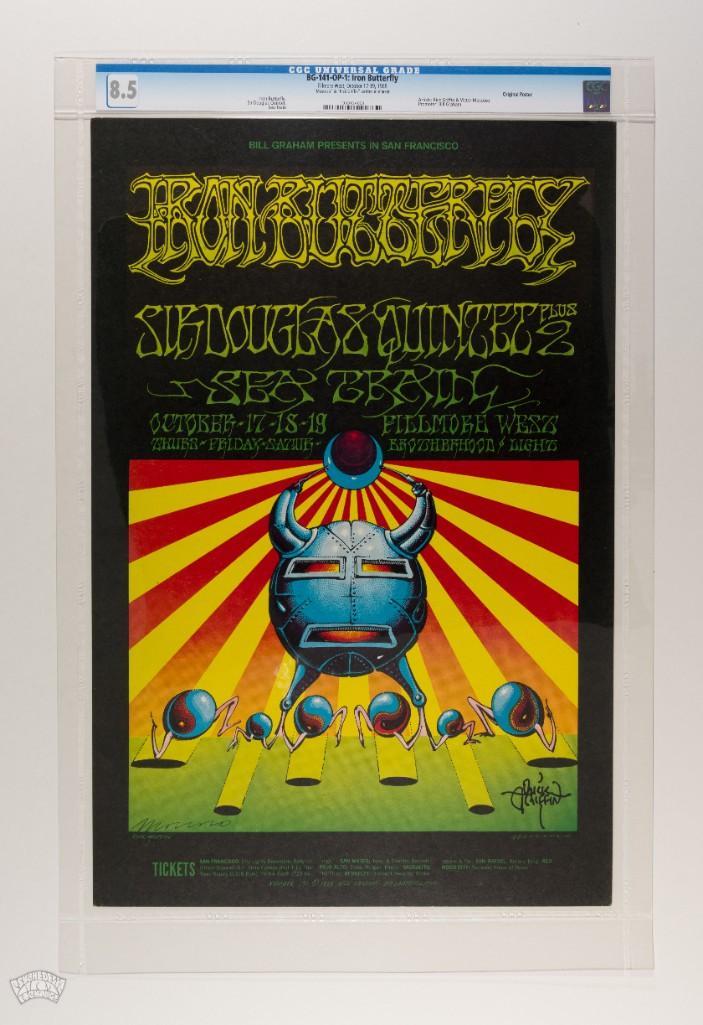 1968 BG-141 Iron Butterfly Double Signed Poster 8.5: This poster is signed by BOTH artists, Rick Griffin and Victor Moscoso! From the Houston Freeburg Collection. Here is one of the most popular and requested posters from the 1960s. The reason is simple