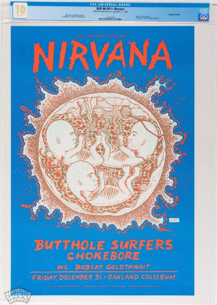 1993 BGP-90 Nirvana Oakland Coliseum Poster 10: A perfect high grade 10 CGC poster! Artist Harry Rossit designed a fabulous image for this lively New Years Eve concert featuring Nirvana. The Gods of Grunge had just released their album In Utero whi