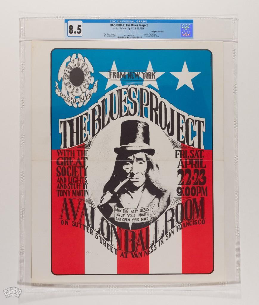 1966 FD-5 The Blues Project Avalon Handbill 8.5: We are pleased to present this very early, ultra-rare and highly prized collectible. Don't let the term Handbill fool you. While most handbills are roughly 5 x 8 1/2 inches, this is actually a min