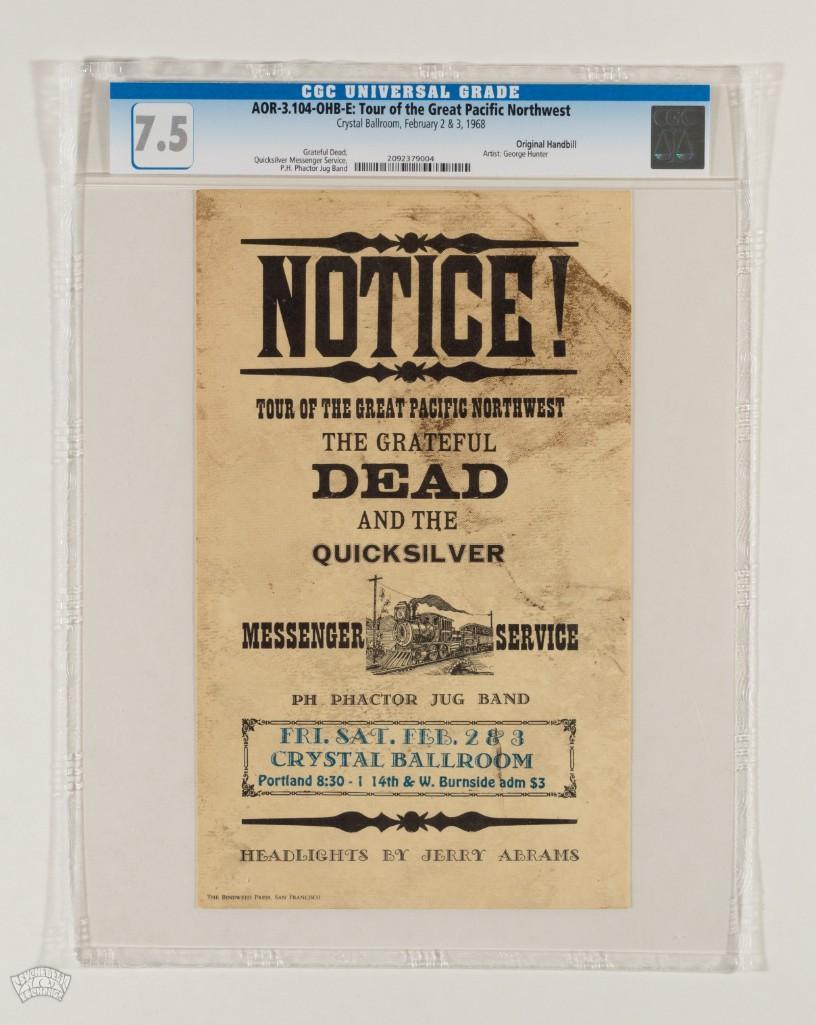 1968 AOR-3.104 Grateful Dead Portland Handbill 7.5: Attention Grateful Dead fans! This original pre-concert printing Crystal Ballroom Handbill was produced in 1968 and an entire page in the Art of Rock book is devoted to this series of spectacular post