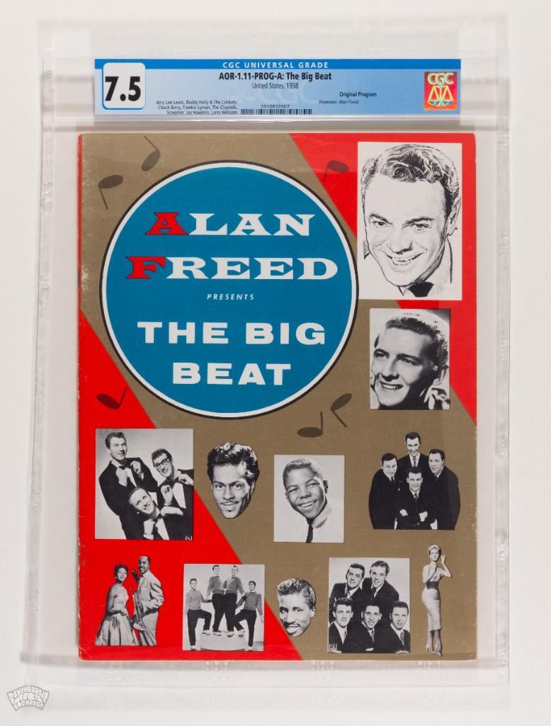 1958 AOR-1.11 Alan Freed Presents Big Beat Program 7.5: The glory days of Rock and Roll are revisited in this amazing CGC graded program. This is an original printing concert program for the Alan Freed Big Beat shows in 1958. In our 2018 June CGC sale we o