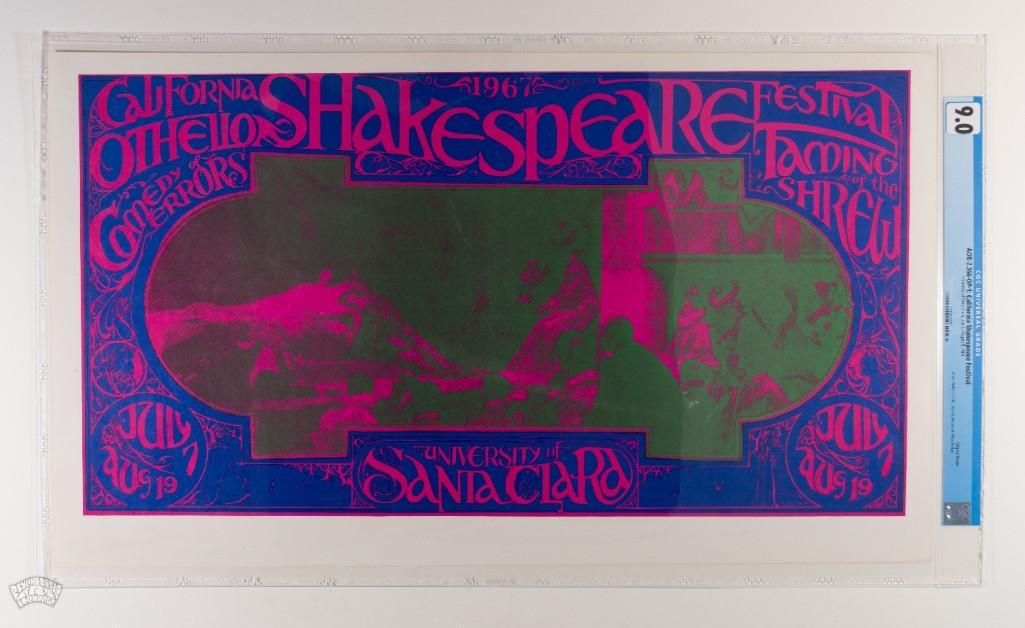 1967 AOR-2.366 California Shakespeare Festival Poster 9: We are pleased to offer the first CGC graded example of this poster to appear in our auction! This original first printing poster was a collaboration design by Robert Hollis, Stanley Mouse and the lat