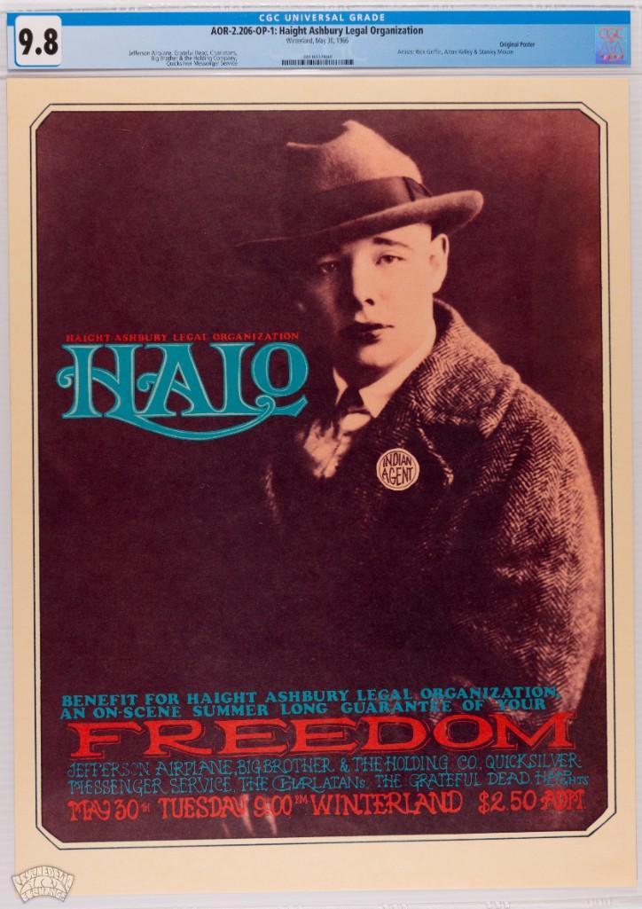 1966 AOR-2.206 Grateful Dead HALO Benefit Poster 9.8: This classic Mouse, Kelley, and Griffin poster was for a Haight Ashbury Legal Organization (HALO) benefit that was held at Winterland in 1967. This poster is a fixture in almost every Psychedelic Rock