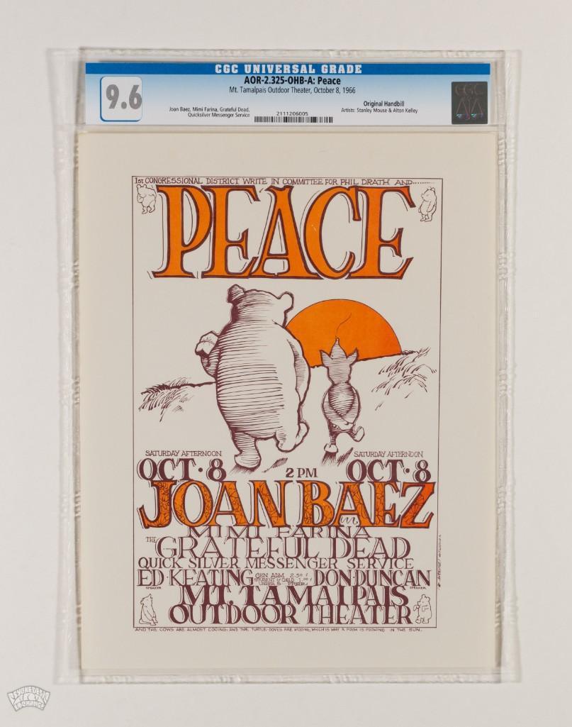 1966 AOR-2.325 Grateful Dead Mt. Tamalpais Handbill 9.6: Stanley Mouse and the late great Alton Kelley designed this popular Peace handbill in late 1966. The concert featured legendary artists like Joan Baez and The Grateful Dead, and it was a benefit for t