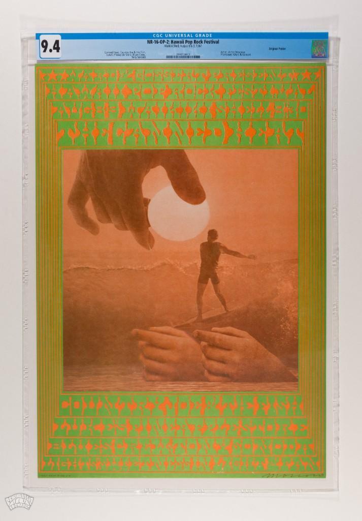 1967 NR-16 Canned Heat Waikiki Shell Poster 9.4: This Victor Moscoso design is one of the most stunning from the artist's Neon Rose series. The surfer imagery and color composition for the Hawaii Pop Rock Festival make for an incredibly strong p