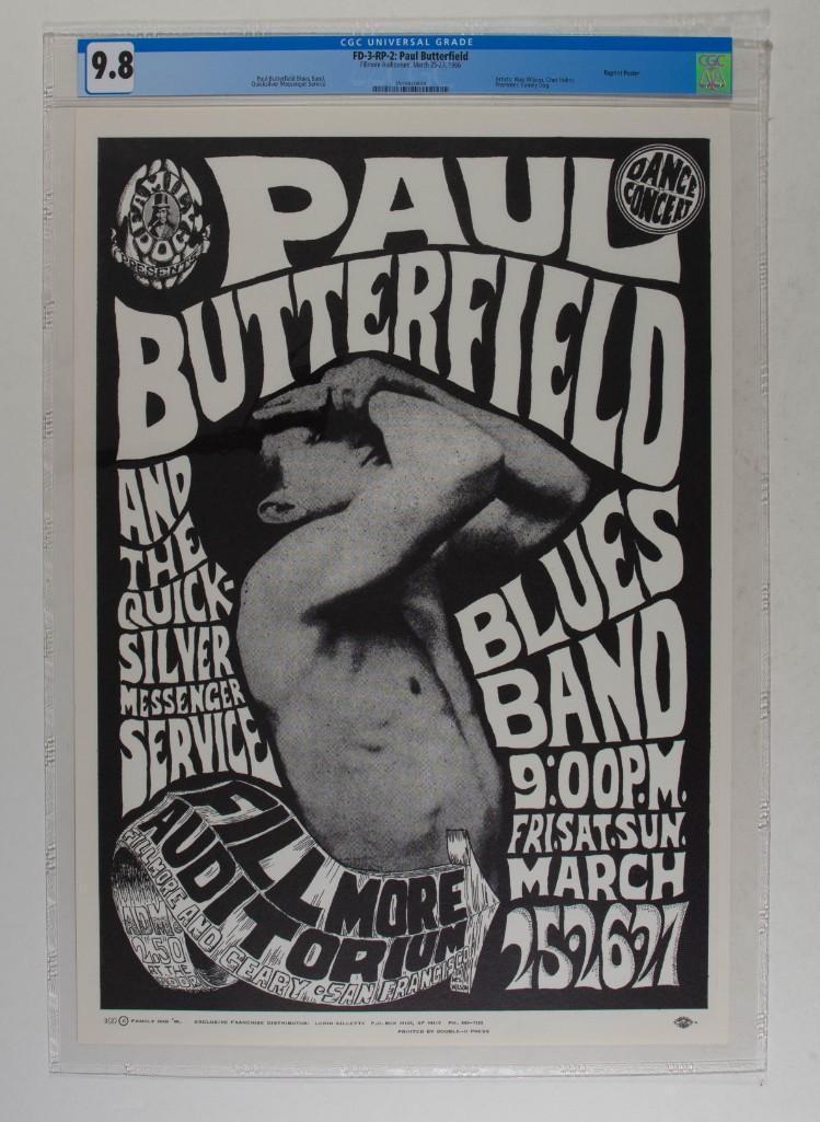 1966 FD-3 Paul Butterfield Fillmore RP2 Poster 9.8: This second printing poster we have here offers the same popular and iconic art for far less than the elusive First Print currently commands! The FD-3 was an early Wilson & Helms image produced in