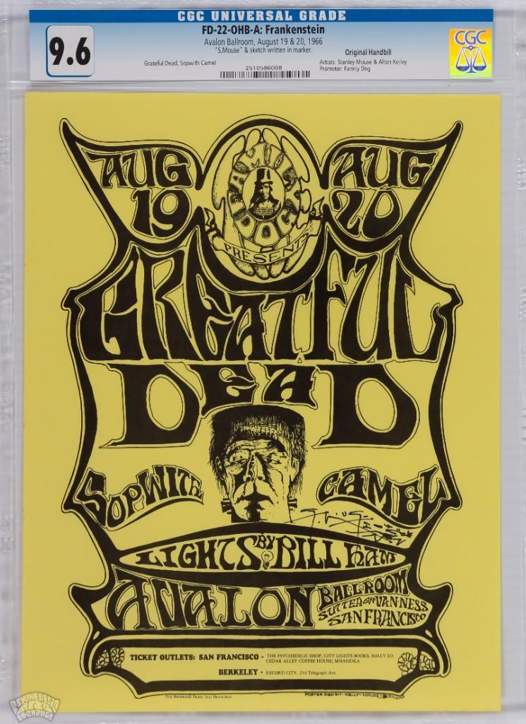 1966 FD-22 Grateful Dead Avalon Signed Handbill 9.6: This handbill is signed by one of the artists, Stanley Mouse! Here is one of the most popular designs from the Avalon series. The handbill was designed by poster legends Alton Kelley and Stanley Mous