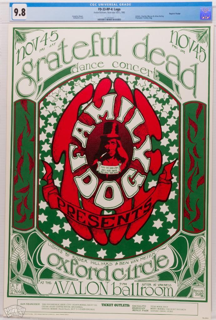 1966 FD-33 Grateful Dead Avalon RP4 Poster 9.8: This CGC High Grade, post-concert printing poster should be available for far less than an Original First Printing! PLEASE NOTE: There were three original printings of this poster (OP-1, OP-2, and OP-