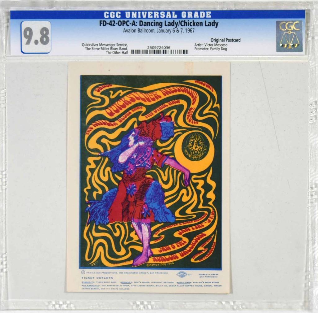 1967 FD-42 Quicksilver Avalon Postcard 9.8: This original, first printing postcard is by the legendary Big Five artist Victor Moscoso. This image is beautiful and can be difficult to find therefore highly sought after as such. The FD-42 is the 