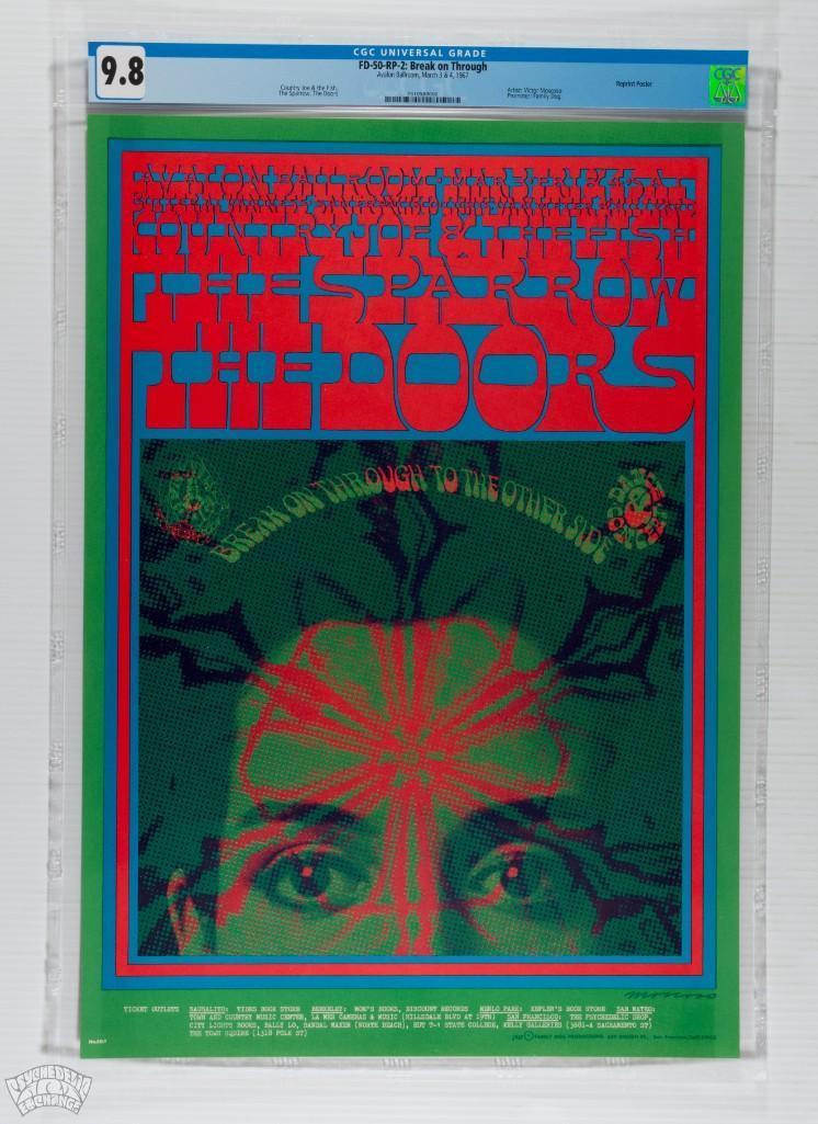 1967 FD-50 The Doors Avalon RP2 Poster 9.8: This Second Printing Doors poster offers the same popular and iconic art for less than a First Print currently commands! This Victor Moscoso Doors image is a favorite among Avalon Ballroom collectors.