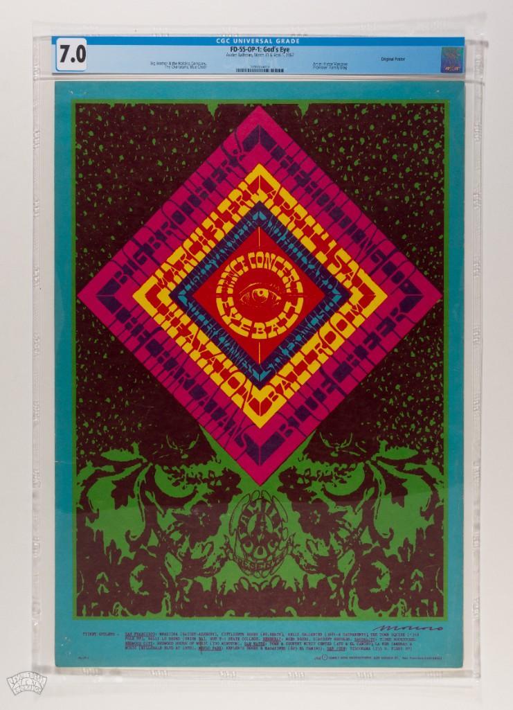 1967 FD-55 Big Brother Janis Joplin Avalon Poster 7: This Family Dog Victor Moscoso poster is one of the more valuable posters from the one academically trained poster artist of The Big Five. The design was inspired by a Native American object consistin